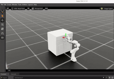 Isaac Sim scene with a robot arm manipulating a cabinet - generating and validating manipulation trajectories for a benchmark dataset.